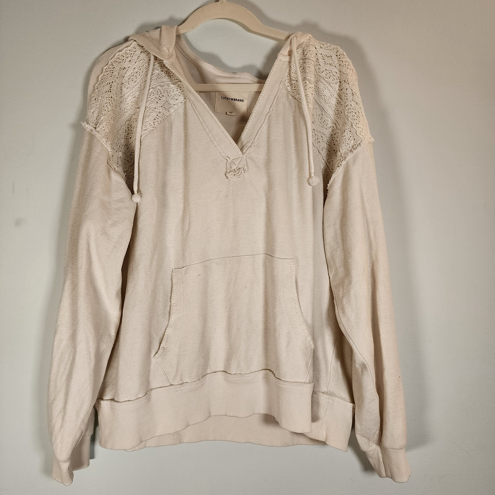 Lucky Brand Crochet Lace Trim Baja Hoodie XL Cream Boho NWOT 146721